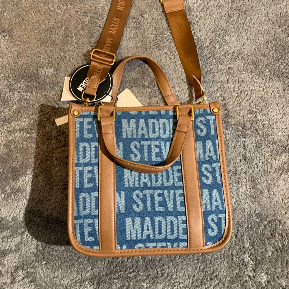 Steve Madden Womens Logo Print Denim Crossbody Bag Mini Tote Tan Blue NWT - Picture 9 of 9
